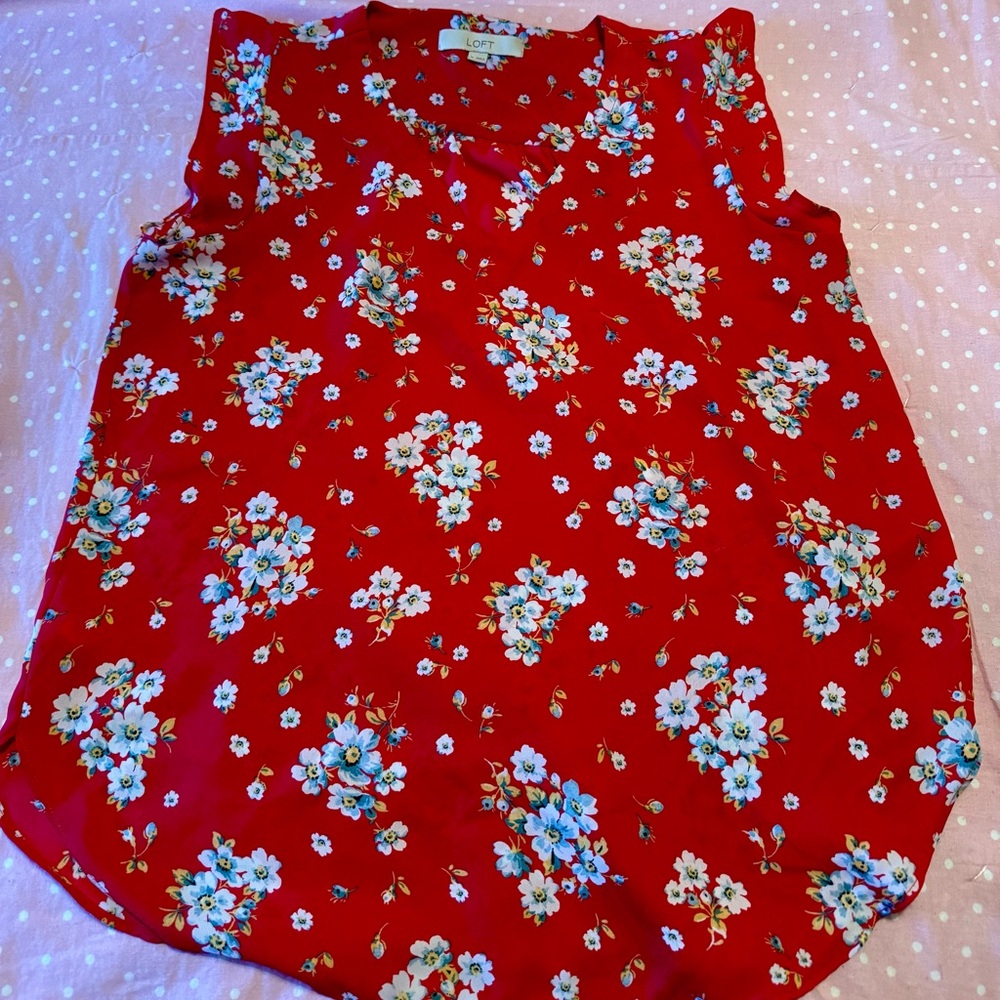 LOFT Red Floral V-Neck Blouse